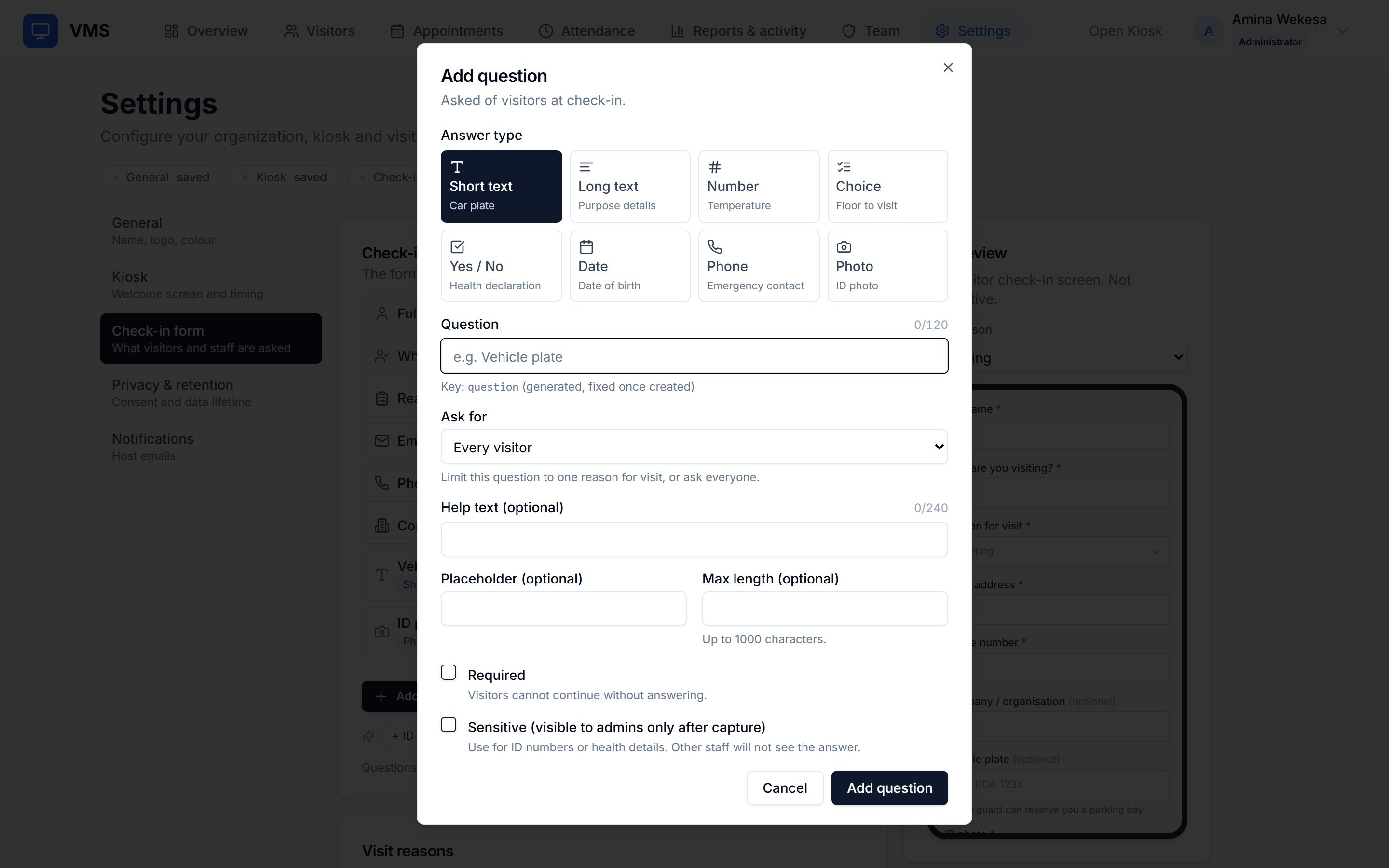 Adding a question in the form designer, with the option to mark the answer sensitive