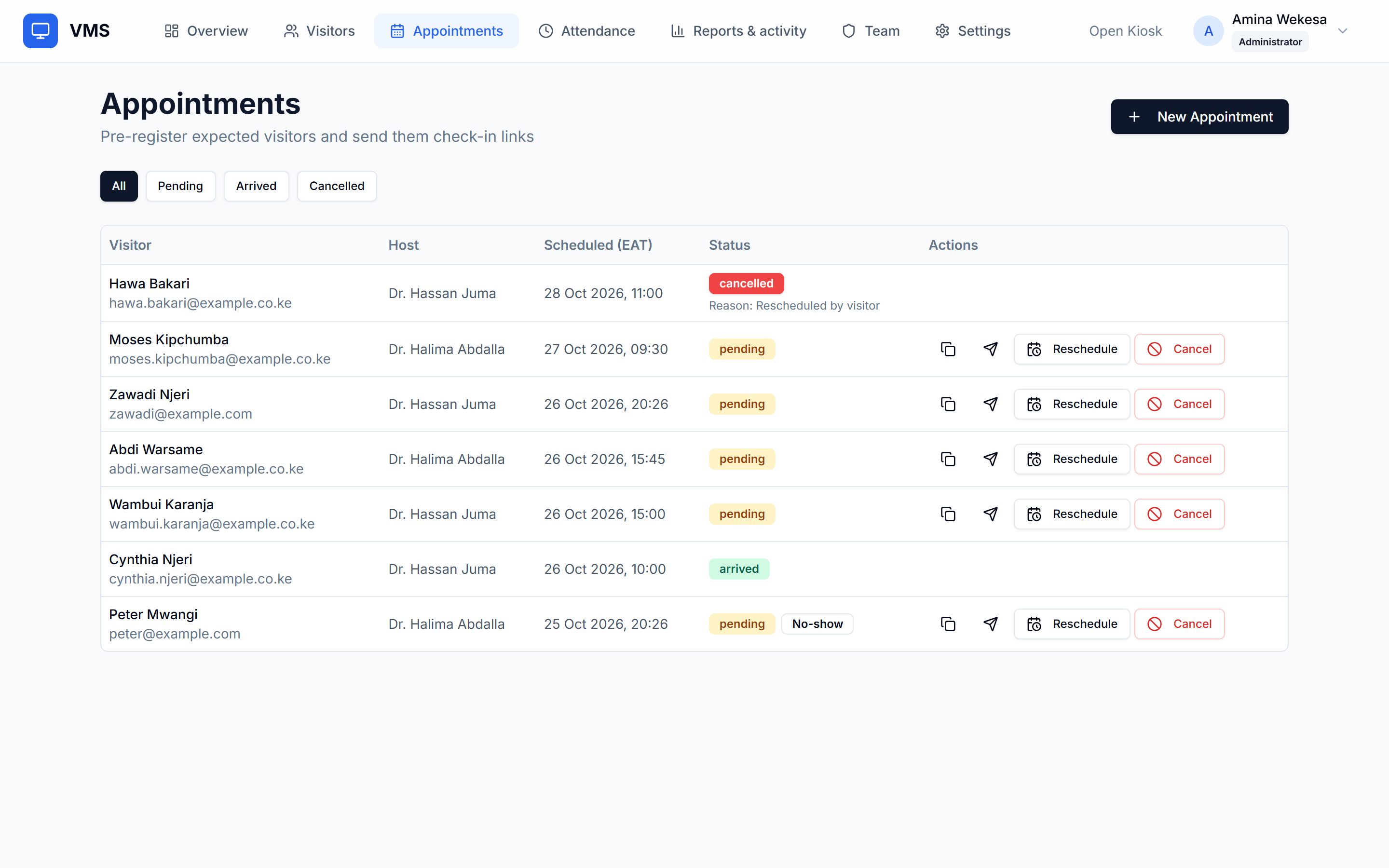 The appointments screen of the Wageni dashboard
