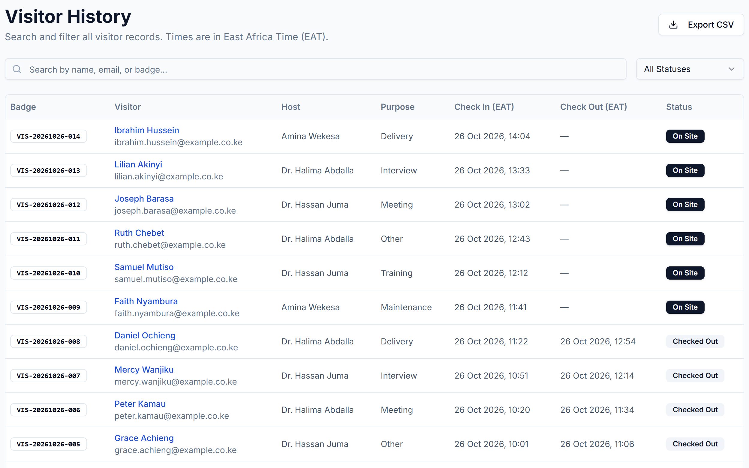 The visitor log of the Wageni dashboard